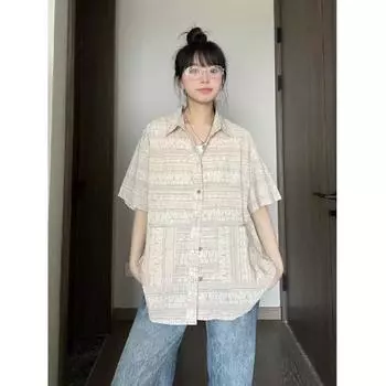 Летняя молодежная модная рубашка с пятью рукавами, повседневная модная мужская рубашка, японская универсальная новая художественная рубашка M синий