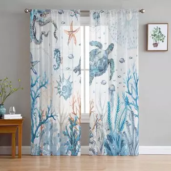 Летняя морская жизнь, коралловые морские черепахи, морские звезды, прозрачные шторы для гостиной, декор оконных штор, кухонных штор из тюля и вуали W135 x H115cm x1