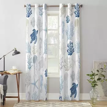 Летняя морская жизнь, морская черепаха, морская звезда, коралловые шторы для гостиной, роскошные шторы для спальни, шторы для кухни, шторы 135W x 60H(cm) x1