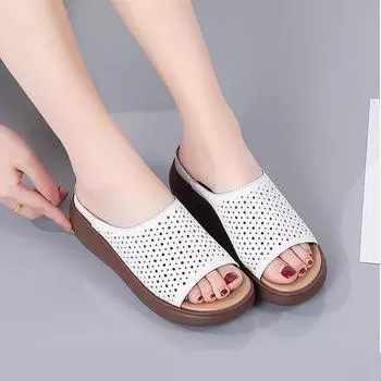 Летняя мягкая кожаная перфорированная обувь, женские полые тапочки 35 бежевый