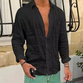 Летняя мужская белая льняная рубашка с длинным рукавом - Повседневная, легкая и удобная, идеально подходит для отпуска S чёрный