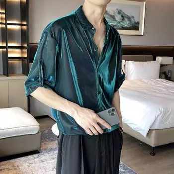 Летняя мужская блестящая повседневная рубашка, модные красивые рубашки, модные свободные топы с коротким рукавом, индивидуальная одежда XXXXL зелёный