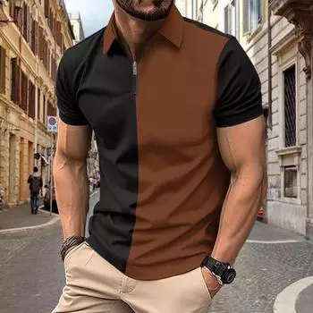 Летняя мужская цветная рубашка-поло для гольфа с короткими рукавами, модная мужская футболка-поло на молнии S коричневый