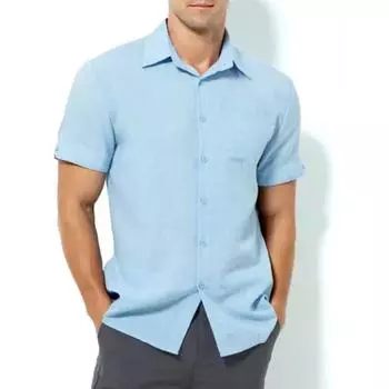 Летняя мужская дышащая хлопковая льняная рубашка с однотонным карманом и коротким рукавом с лацканами S небесно-голубой