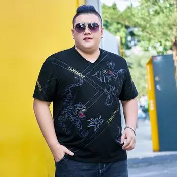 Летняя мужская футболка больших размеров с короткими рукавами и v-образным вырезом, хлопковая рубашка с половиной рукавов, толстая версия свободной нижней рубашки 2XL чёрный