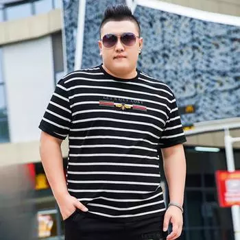 Летняя мужская футболка больших размеров с короткими рукавами и круглым вырезом, свободная модная полосатая футболка, топы большого размера XXL чёрный