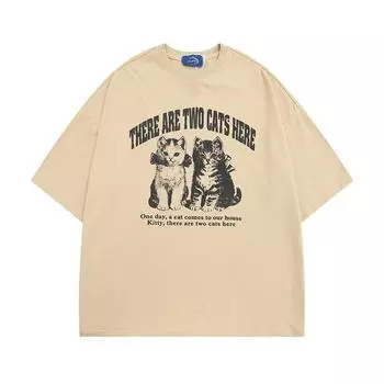 Летняя мужская футболка из чистого хлопка с короткими рукавами, уличная модная американская повседневная футболка с короткими рукавами и принтом котенка в американском стиле M