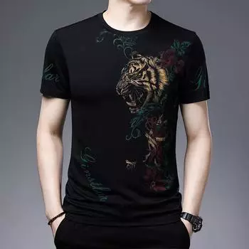 Летняя мужская футболка из ледяного шелка среднего возраста, модная мужская футболка в корейском стиле с короткими рукавами, модная мужская одежда с принтом M