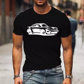 Летняя мужская футболка, модные свободные повседневные футболки, мужская одежда, классические топы с круглым вырезом и короткими рукавами с принтом автомобиля, мужская одежда S чёрный