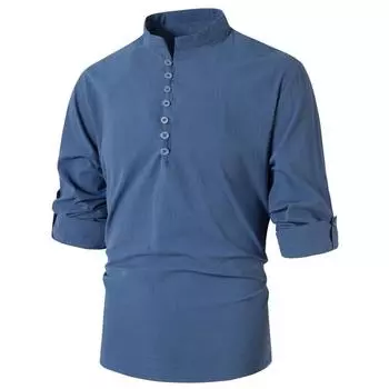 Летняя мужская футболка на пуговицах, винтажная однотонная хлопковая льняная рубашка с длинными рукавами и воротником-стойкой, мужская одежда S серый