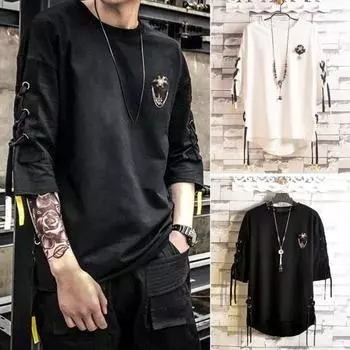 Летняя мужская футболка на шнуровке с половиной рукавом Свободная уличная одежда в стиле хип-хоп с круглым вырезом Мягкий дышащий однотонный пуловер Средней длины Повседневный повседневный топ XL белый