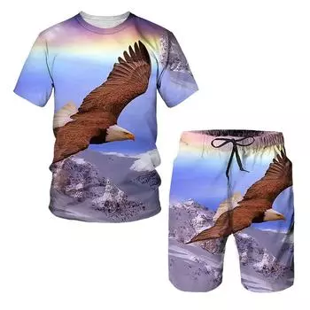 Летняя мужская футболка + пляжные брюки Eagle USA Flag 3D принт плавки мода для отдыха с короткими рукавами полный комплект одежды XXL