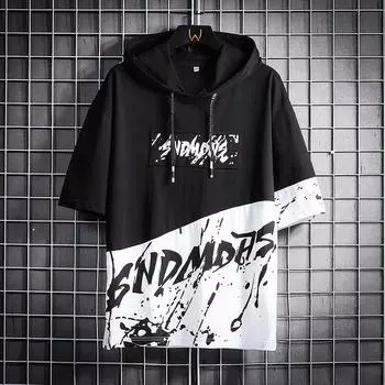 Летняя мужская футболка, повседневная футболка с коротким рукавом и капюшоном, мужская модная тенденция, короткая футболка в стиле хип-хоп, свободные футболки с принтом, уличная одежда M