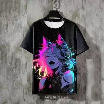 Летняя мужская футболка Повседневная футболка с круглым вырезом и коротким рукавом с забавным мультяшным принтом Модная уличная мужская футболка-пуловер Оверсайз S