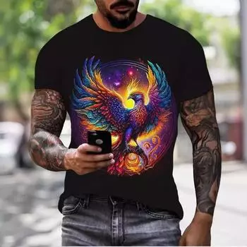 Летняя мужская футболка с 3D-цифровым принтом и красочным рисунком крылатого феникса, свободные повседневные футболки с круглым вырезом и коротким рукавом для мужчин S
