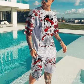 Летняя мужская футболка с 3D принтом и круглым вырезом, шорты с короткими рукавами, комплект из двух предметов, модная повседневная классная уличная одежда, спортивный костюм большого размера S