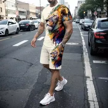 Летняя мужская футболка с 3d принтом тигра и льва с круглым вырезом и короткими рукавами, комплект из 2 предметов, высококачественный повседневный уличный спортивный комплект S