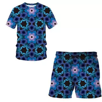 Летняя мужская футболка с 3D принтом в японском стиле, шорты, костюм, мужская спортивная одежда, мужской костюм с круглым вырезом и короткими рукавами L