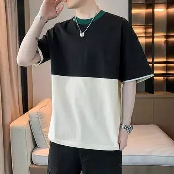 Летняя мужская футболка с цветным блоком и коротким рукавом, свободная линия плеч XXXXL/87-95KG чёрный