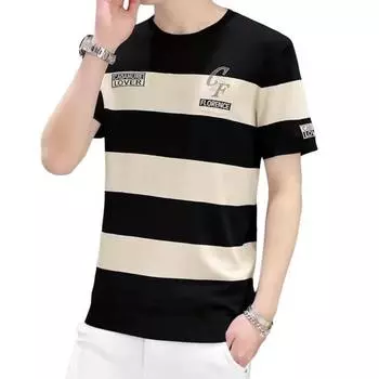 Летняя мужская футболка с цветными блоками в полоску, тонкая дышащая, с короткими рукавами, свободная, с круглым вырезом, с вышивкой букв, пуловер больших размеров, повседневный повседневный офисный топ L абрикосовый