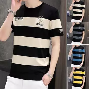 Летняя мужская футболка с цветными блоками в полоску, тонкая дышащая, с короткими рукавами, свободная, с круглым вырезом, с вышивкой букв, пуловер больших размеров, повседневный повседневный офисный топ M абрикосовый