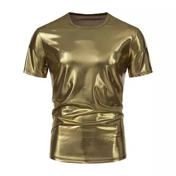 Летняя мужская футболка с глянцевой поверхностью, бронзовая, облегающая, с круглым вырезом, однотонная, с короткими рукавами, пуловер, вечерние, клубные, для выступлений, танцевальная уличная одежда, топ M золотистый