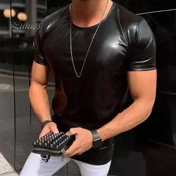 Летняя мужская футболка с глянцевой поверхностью, бронзовая, облегающая, с круглым вырезом, однотонная, с короткими рукавами, пуловер, вечерние, клубные, для выступлений, танцевальная уличная одежда, топ XL чёрный