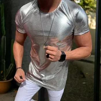 Летняя мужская футболка с глянцевой поверхностью, бронзовая, облегающая, с круглым вырезом, однотонная, с короткими рукавами, пуловер, вечерние, клубные, для выступлений, танцевальная уличная одежда, топ XL чёрный