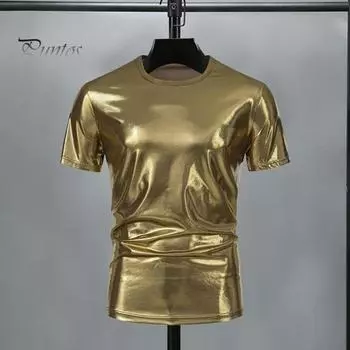Летняя мужская футболка с глянцевой поверхностью, бронзовая, облегающая, с круглым вырезом, однотонная, с короткими рукавами, пуловер, вечерние, клубные, для выступлений, танцевальная уличная одежда, топ L золотистый