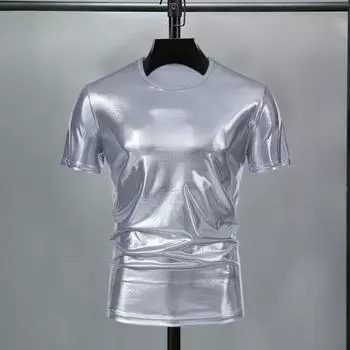 Летняя мужская футболка с глянцевой поверхностью, бронзовая, облегающая, с круглым вырезом, однотонная, с короткими рукавами, пуловер, вечерние, клубные, для выступлений, танцевальная уличная одежда, топ XL золотистый