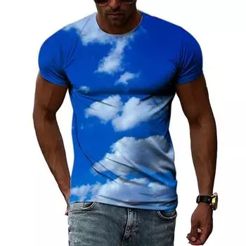 Летняя мужская футболка с голубым небом и белым облаком с 3D-печатью, модная повседневная индивидуальная простая футболка с круглым вырезом и коротким рукавом, глобальный популярный топ S