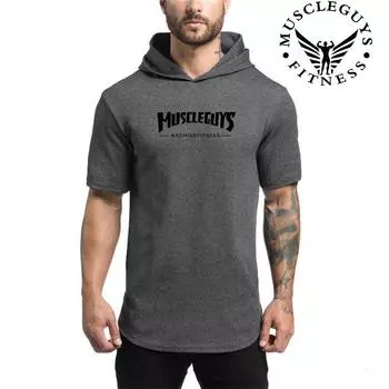 Летняя мужская футболка с капюшоном для фитнеса и бодибилдинга Muscleguys, молодежная спортивная футболка с капюшоном, модная универсальная повседневная футболка с коротким рукавом M чёрный