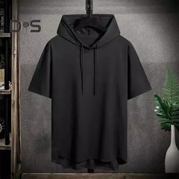 Летняя мужская футболка с капюшоном и шнурком, сплошной цвет, свободный неровный подол, тонкий, мягкий, дышащий, средней длины, быстросохнущий пуловер, фитнес, спорт, бег XL армия зеленый