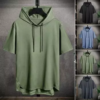 Летняя мужская футболка с капюшоном и шнурком, однотонная, свободная, с нерегулярным подолом, тонкая, мягкая, дышащая, средней длины, быстросохнущая пуловер, толстовка для фитнеса и бега