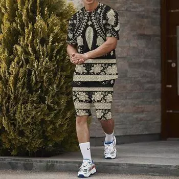 Летняя мужская футболка с коротким рукавом и шорты, комплект из 2 предметов, модный комплект с цветком кешью и 3D принтом, для спорта, отдыха, пляжа, улицы, большой комплект M