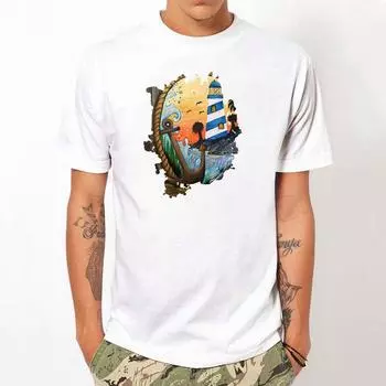 Летняя мужская футболка с коротким рукавом, повседневные модные топы с принтом, легкая футболка с видом на дом S белый