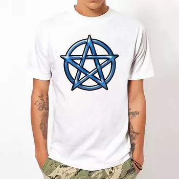Летняя мужская футболка с коротким рукавом, повседневные модные топы с принтом, футболка с пентаграммой S белый