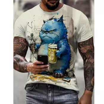 Летняя мужская футболка с коротким рукавом с животным принтом, повседневный пуловер большого размера с круглым вырезом, модная уличная одежда, мужская одежда, футболки с котом S