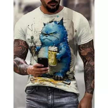 Летняя мужская футболка с коротким рукавом с животным принтом, повседневный пуловер большого размера с круглым вырезом, модная уличная одежда, мужская одежда, футболки с котом L
