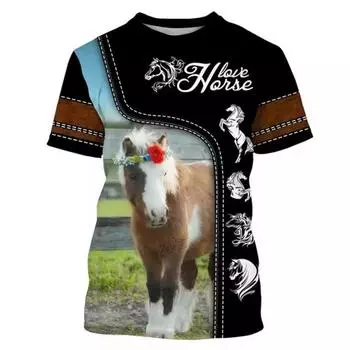Летняя мужская футболка с короткими рукавами, футболка с 3D-принтом лошади, свободная футболка с круглым вырезом, повседневный уличный трендовый топ с короткими рукавами S
