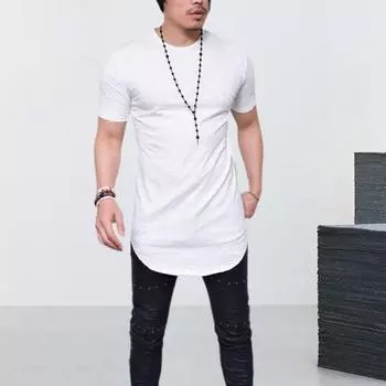 Летняя мужская футболка с круглым вырезом, чистый цвет, нерегулярный подол, с коротким рукавом, приталенный пуловер средней длины, повседневная повседневная одежда, спортивный топ, офисная одежда, одежда 3XL чёрный