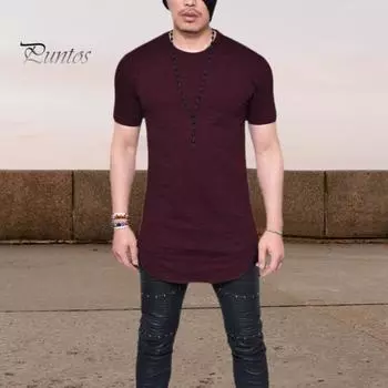 Летняя мужская футболка с круглым вырезом, чистый цвет, нерегулярный подол, с коротким рукавом, приталенный пуловер средней длины, повседневная повседневная одежда, спортивный топ, офисная одежда, одежда L чёрный