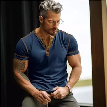 Летняя мужская футболка с круглым вырезом и короткими рукавами в стиле колор-блок, молодежный облегающий спортивный трендовый мужской топ S синий