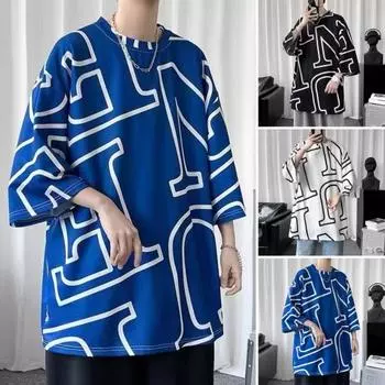 Летняя мужская футболка с круглым вырезом и средней длиной, с буквенным принтом, с цветовым сочетанием, с короткими рукавами, свободный свитер из ледяного шелка 3XL чёрный