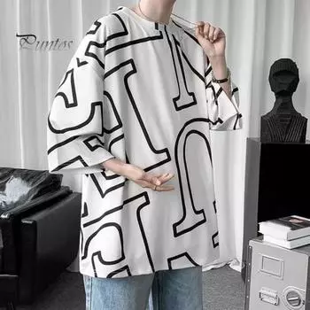 Летняя мужская футболка с круглым вырезом средней длины, соответствующий цвету с буквенным принтом, ледяной шелк, пуловер с короткими рукавами, свободная уличная одежда, молодежный топ для подростков 3XL чёрный