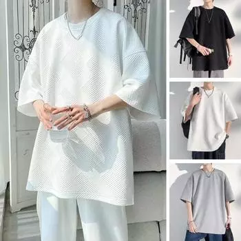 Летняя мужская футболка с круглым вырезом, свободная средней длины, сплошной цвет, вафельная текстура, плюс размер, половина рукава, уличная одежда в японском стиле, топ на открытом воздухе L белый