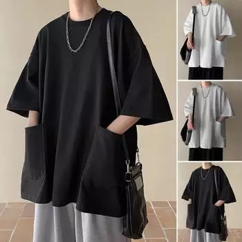 Летняя мужская футболка с круглым вырезом, свободная, средней длины, однотонная, больших размеров, с карманами и половиной рукавов, уличная одежда, топ на открытом воздухе 3XL серый