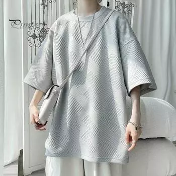 Летняя мужская футболка с круглым вырезом, свободная средней длины, сплошной цвет, вафельная текстура, плюс размер, половина рукава, уличная одежда в японском стиле, топ на открытом воздухе L белый