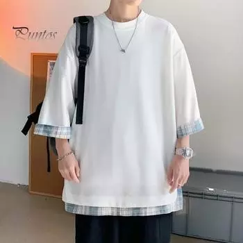 Летняя мужская футболка с круглым вырезом, свободная, искусственная, из двух частей, средней длины, сплошной цвет, плюс размер, рукава три четверти, уличная одежда, топ на открытом воздухе L серый