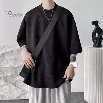 Летняя мужская футболка с круглым вырезом, свободная средней длины, однотонная текстура, застегнутая на пуговицах, с разрезом подол, с половиной рукавов, хип-хоп, повседневная уличная одежда, топ на открытом воздухе L серый